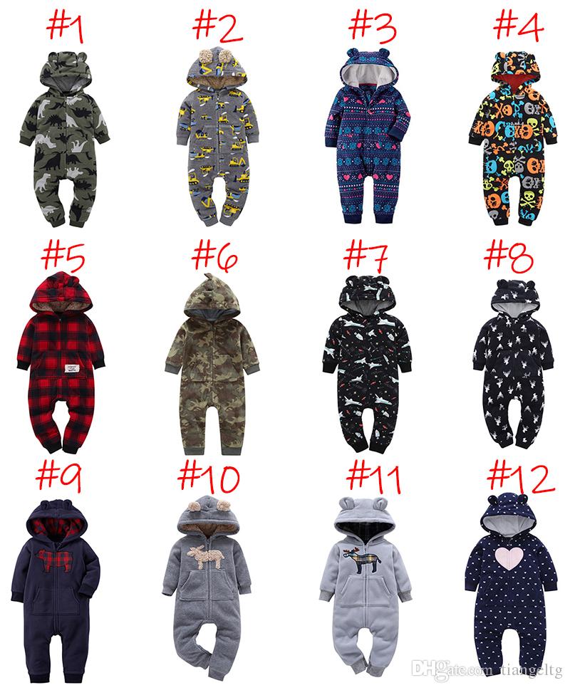 Baby Winter Hooded Rompers Newborn Boy Girl Designer Clothes Jumpsuits Dinosaur Plaid Camouflage Dots Striped Halloween Christmas 3-24M